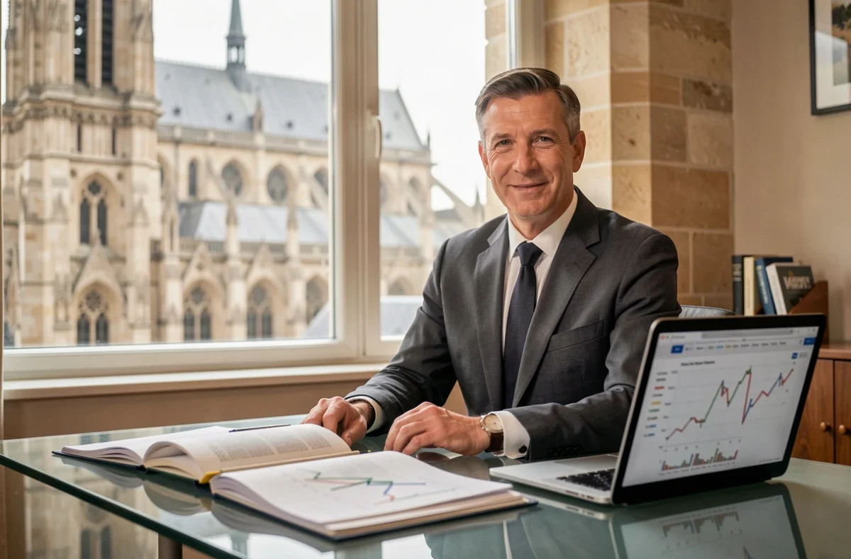 Conseiller de Valloire Gestion à Chartres dans son bureau avec la cathédrale de Chartres visible en arrière-plan