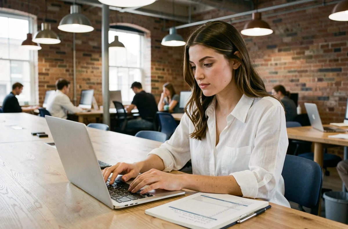 Jeune femme vérifiant et payant une facture sans frais dans un espace de coworking moderne avec ordinateur et documents imprimés
