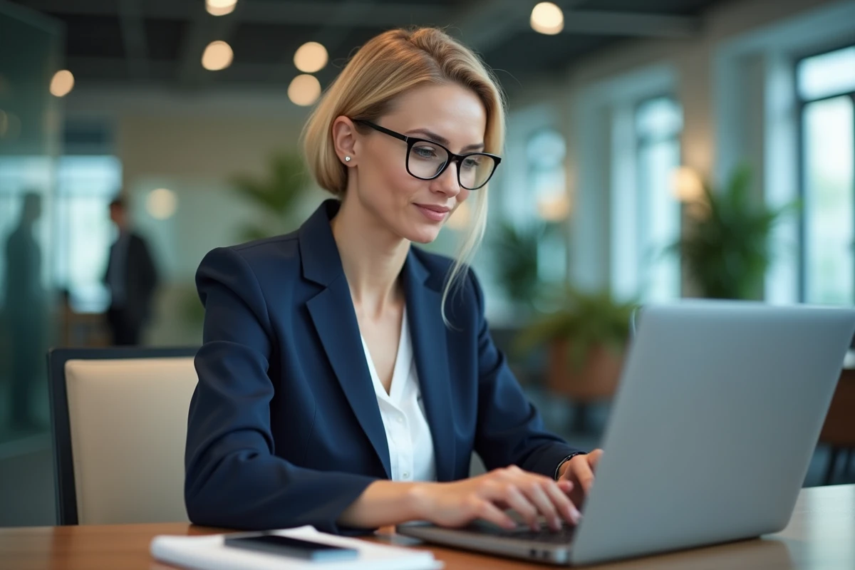 Femme professionnelle effectuant un virement international sur son espace bancaire en ligne Banque Populaire depuis son bureau