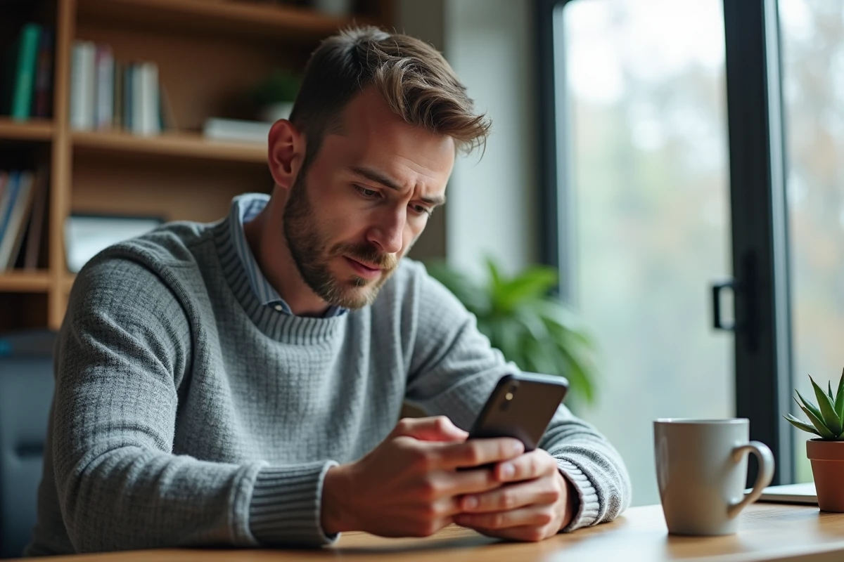 Homme utilisant son smartphone pour réaliser un virement international via l'application mobile Banque Populaire Cyber Plus depuis son domicile
