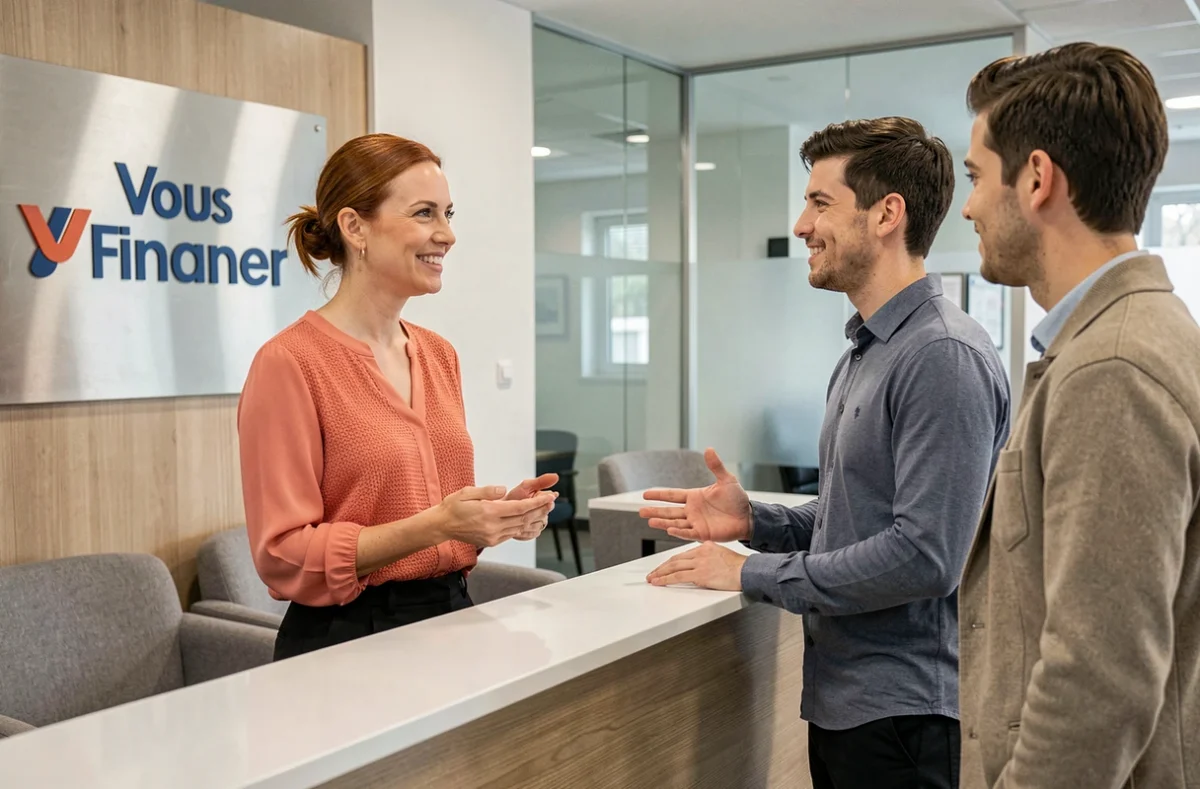 Conseillère de l'agence Vous Financer en Bretagne accueillant un couple pour un rendez-vous de financement immobilier