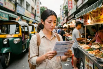 Voyageuse consultant son contrat d'assurance voyage dans un marché animé de Bangkok en Thaïlande