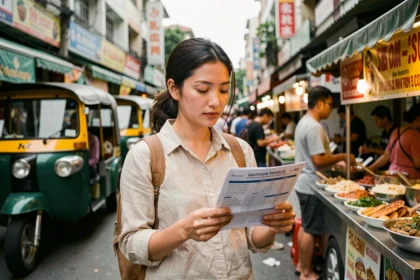 Voyageuse consultant son contrat d'assurance voyage dans un marché animé de Bangkok en Thaïlande